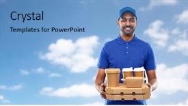  Presentation with food service - PPT theme consisting of indian delivery man with food background and a light blue colored foreground