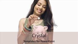  Presentation with indian economy - PPT theme having indian economy - young woman putting a coin background and a coral colored foreground