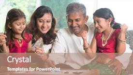  Presentation with family playing board game - Cool new slide deck with indian family playing carrom game backdrop and a coral colored foreground