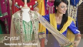  Presentation with indian traditional - Slides enhanced with indian female dressmaker measuring traditional outfit at design studio background and a coral colored foreground