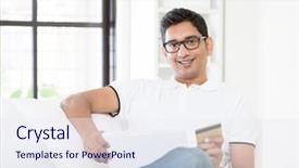  Presentation with online payment - Presentation theme with indian guy hand holding credit background and a sky blue colored foreground