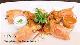  Presentation with prawn - Beautiful PPT layouts featuring indian hotel food - fried tiger river prawn backdrop and a coral colored foreground
