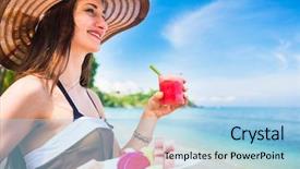  Presentation with fruit melon - Audience pleasing PPT theme consisting of indian hotel food - woman tourist at tropical beach backdrop and a  colored foreground