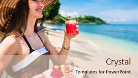  Presentation with fruit melon - Amazing PPT theme having indian hotel food - woman tourist at tropical beach backdrop and a  colored foreground