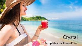  Presentation with fruit melon - Audience pleasing presentation consisting of indian hotel food - woman tourist at tropical beach backdrop and a  colored foreground
