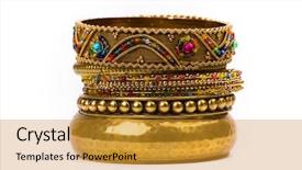  Presentation with stack - Colorful theme enhanced with indian jewelry - stack of golden bracelets isolated backdrop and a gold colored foreground