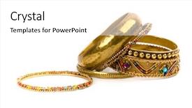  Presentation with stack - Colorful PPT theme enhanced with indian jewelry - stack of golden bracelets isolated backdrop and a white colored foreground