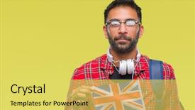  Presentation with united kingdom constitutional law - Audience pleasing theme consisting of indian kingdoms - adult hispanic student man holding backdrop and a yellow colored foreground