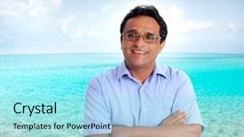  Presentation with turquoise beach - Slide deck consisting of indian latin tourist man spending his vacation in a perfect turquoise beach photo illustration background and a arctic colored foreground