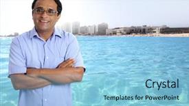  Presentation with turquoise beach - Slide set consisting of indian latin tourist man in tropical caribbean turquoise beach photo illustration background and a light blue colored foreground