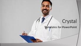  Presentation with clipboard stethoscope - PPT theme with indian male doctor in white background and a light gray colored foreground