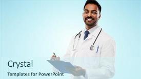  Presentation with clipboard stethoscope - Presentation enhanced with indian male doctor in white background and a cool aqua colored foreground