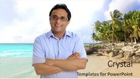  Presentation with caribbean - Amazing presentation theme having indian man tourist portrait in tropical caribbean beach with palm trees photo illustration backdrop and a coral colored foreground