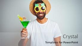 Presentation with look - Beautiful slide set featuring indian man wearing summer funny look drinking cocktail over isolated white background with a happy face standing and smiling with a confident smile showing teeth backdrop and a lemonade colored foreground