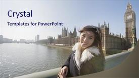  Presentation with indian parliament - Audience pleasing slide set consisting of indian parliament house - portrait of happy female tourist backdrop and a sky blue colored foreground