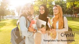  Presentation with muslim women - Theme consisting of indian religion - group of three smiling muslim background and a coral colored foreground