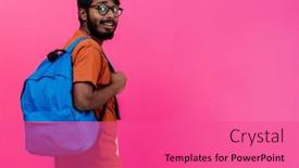  Presentation with education pink - PPT theme featuring indian-student-with-blue-backpack background and a coral colored foreground