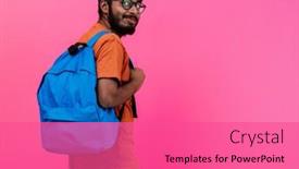  Presentation with education pink - Slide deck with indian-student-with-blue-backpack background and a coral colored foreground