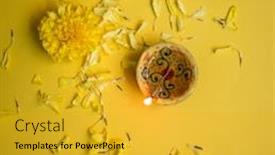  Presentation with bright yellow - Amazing PPT theme having indian traditional pooja lamp and marigild flower background view from above on bright yellow background backdrop and a gold colored foreground