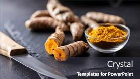  Presentation with turmeric - Audience pleasing presentation design consisting of indian-turmeric-powder-and-root backdrop and a dark gray colored foreground