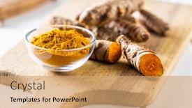  Presentation with turmeric - PPT theme featuring indian-turmeric-powder-and-root background and a coral colored foreground