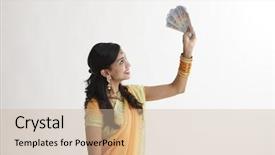  Presentation with saree - Presentation design consisting of indian woman in saree holding background and a soft green colored foreground