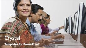  Presentation with customer service - Presentation theme with portrait of a senior female customer service operator in sari with colleagues at office background and a tawny brown colored foreground