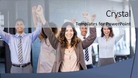  Presentation with victory team - PPT theme enhanced with successful business team celebrating their background and a light blue colored foreground