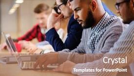  Presentation with coworking - Slide set consisting of young colleagues discussing ideas in coworking office background and a coral colored foreground