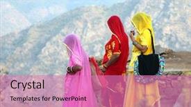  Presentation with women india - Audience pleasing slide set consisting of indian women in colorful saris backdrop and a coral colored foreground