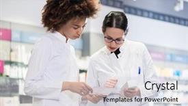  Presentation with medicines - Presentation theme consisting of indicator - two female pharmacists reading background and a sky blue colored foreground