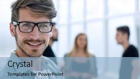  Presentation with young business people - Beautiful slide set featuring indicator managment - group of happy young business backdrop and a light blue colored foreground