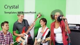  Presentation with rock band - PPT layouts having indie rock - band members performing in recording background and a mint green colored foreground