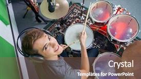  Presentation with headphones - Slide deck featuring indie rock - confident male drummer wearing headphones background and a  colored foreground