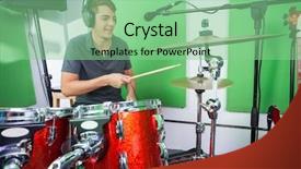  Presentation with recording studio - Presentation enhanced with indie rock - male drummer playing cymbal background and a  colored foreground