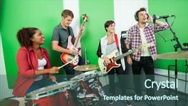  Presentation with musical instrument - Audience pleasing slides consisting of indie rock - man singing while colleagues playing backdrop and a ocean colored foreground