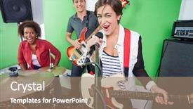  Presentation with musical instrument - Audience pleasing presentation consisting of indie rock - portrait of excited woman singing backdrop and a coral colored foreground