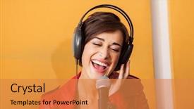  Presentation with tape recording studio - Beautiful PPT theme featuring indie rock - portrait of joyful young woman backdrop and a  colored foreground
