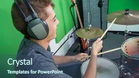  Presentation with tape recording studio - Amazing slide deck having indie rock - young male drummer wearing headphones backdrop and a ocean colored foreground