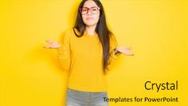  Presentation with red - Amazing PPT theme having dont - beautiful brunette woman wearing red backdrop and a yellow colored foreground