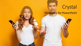  Presentation with yellow - PPT theme featuring scandal - confused young couple holding mobile background and a gold colored foreground