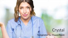  Presentation with medical concept - Cool new PPT theme with adult doctor woman wearing medical backdrop and a light blue colored foreground