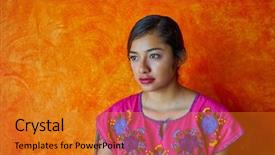  Presentation with mayan - Cool new PPT layouts with mexican woman with mayan dress latin ethnicity on orange background backdrop and a gold colored foreground