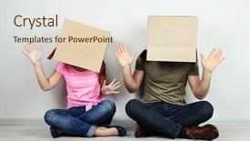  Presentation with heads - Audience pleasing PPT theme consisting of individual behaviour - couple with cardboard boxes backdrop and a  colored foreground