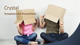  Presentation with thinking heads - Amazing PPT theme having individual behaviour - couple with cardboard boxes backdrop and a  colored foreground