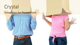  Presentation with heads - Presentation design featuring individual behaviour - couple with cardboard boxes background and a  colored foreground