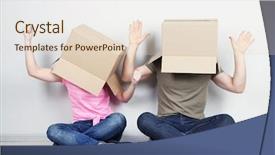  Presentation with thinking heads - Beautiful slide set featuring individual behaviour - couple with cardboard boxes backdrop and a  colored foreground