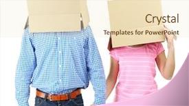  Presentation with heads - Presentation design having individual behaviour - couple with cardboard boxes background and a  colored foreground