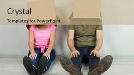  Presentation with thinking heads - Presentation theme with individual behaviour - couple with cardboard boxes background and a  colored foreground