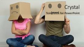  Presentation with thinking heads - Colorful presentation design enhanced with individual behaviour - couple with cardboard boxes backdrop and a coral colored foreground